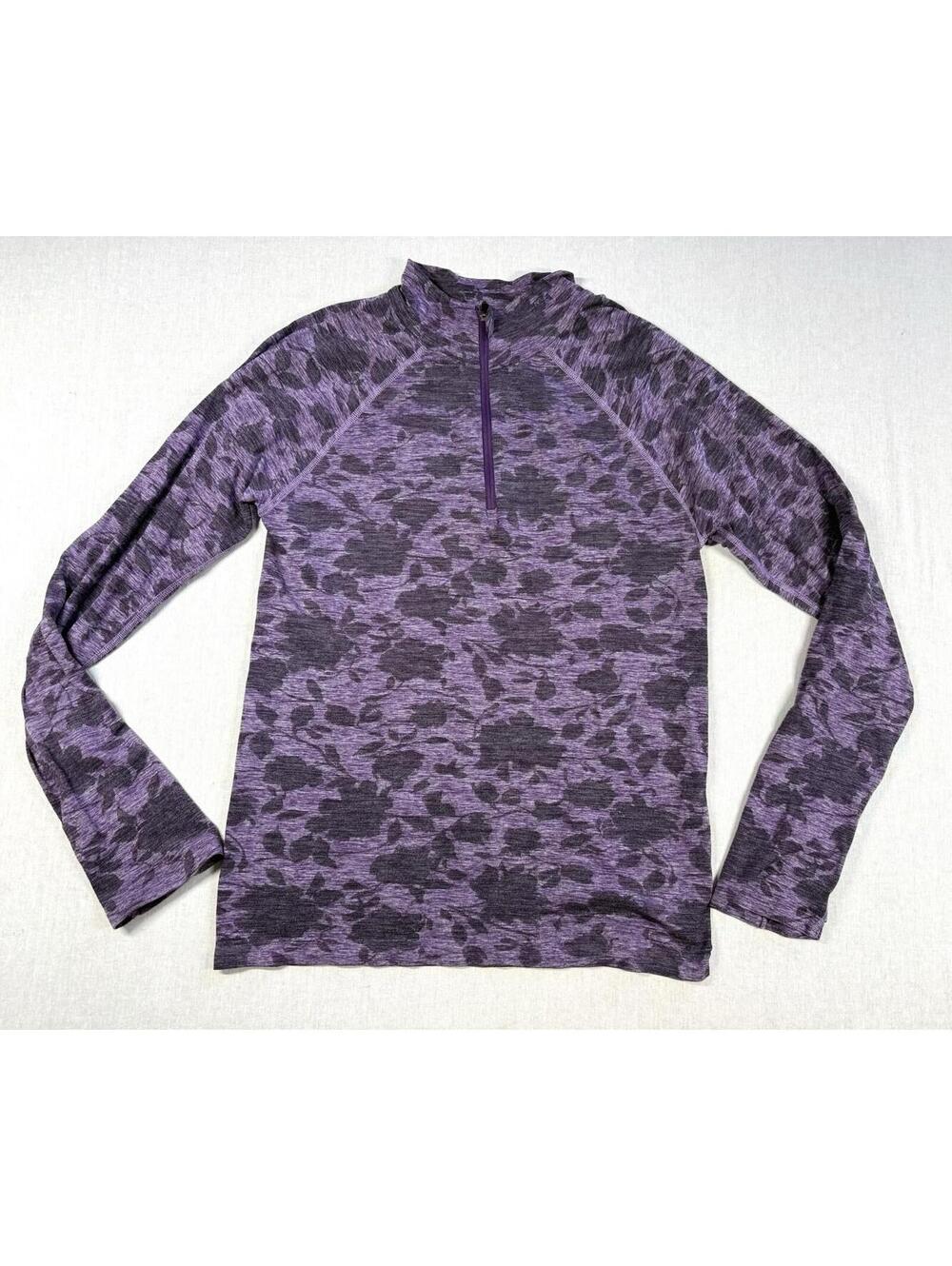 Athleta Momentum Long Sleeve Top Women L Purple Zip Floral Run Jog Gym Workout